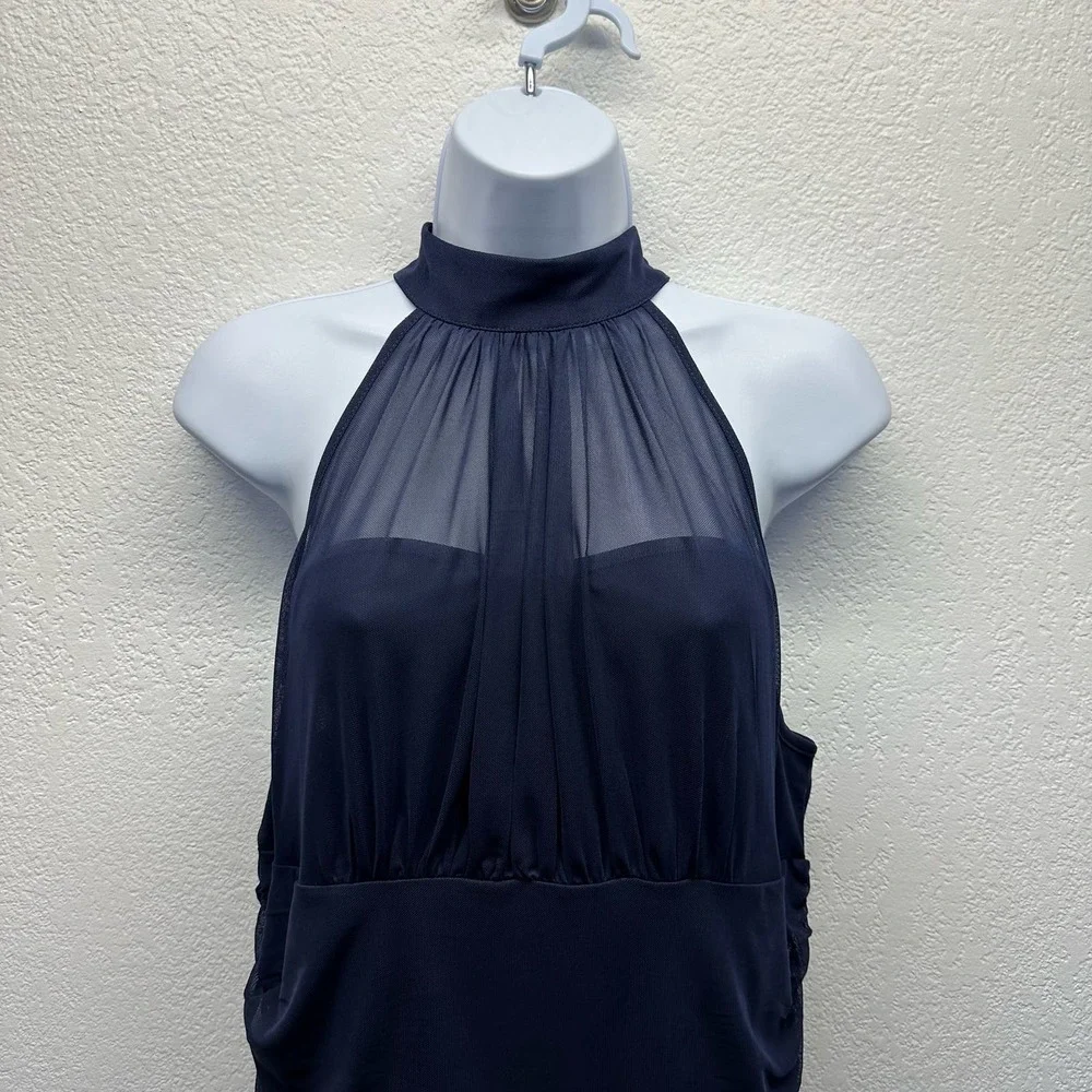 V501 Venus Women’s Sz Lg High Collar Navy Ruche Sleeveless Blouse NWOT - Picture 3 of 14